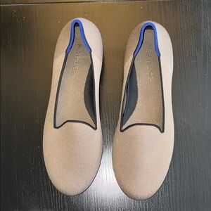 Rothy's Grayish Tan Loafer with Black and Royal Blue Trim